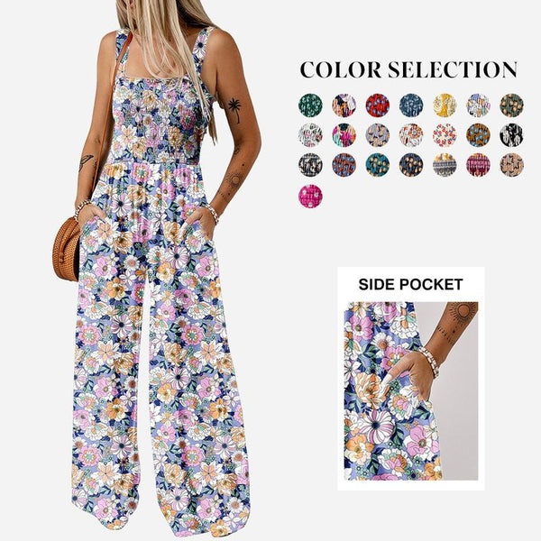Breezy Wide-Leg Jumpsuit with Square Neckline & Bold Prints